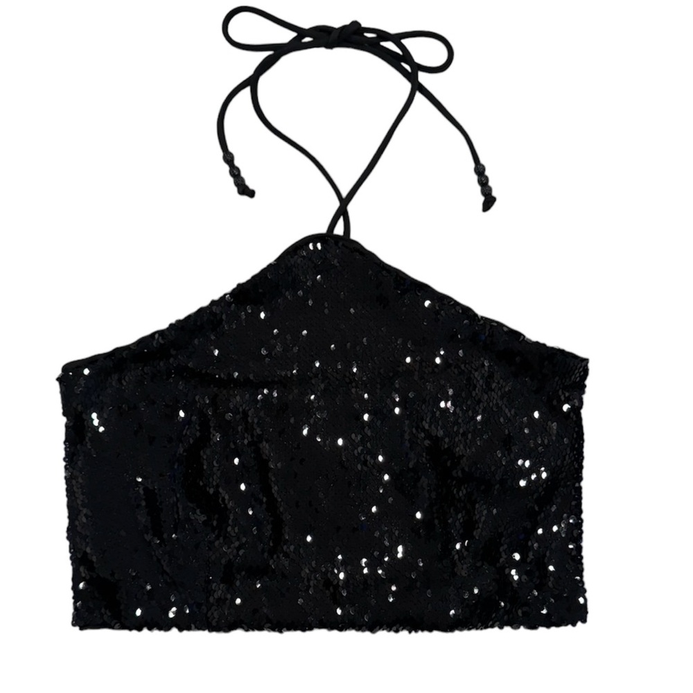NWOT HOUSE OF HARLOW 1960 Black Sequin Halter Crop Top XS